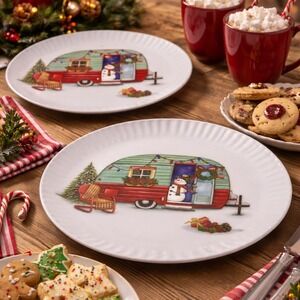 Set Of Two Christmas Camper Melamine Plates 10 " Holiday Serving‎ Plates Snowmen